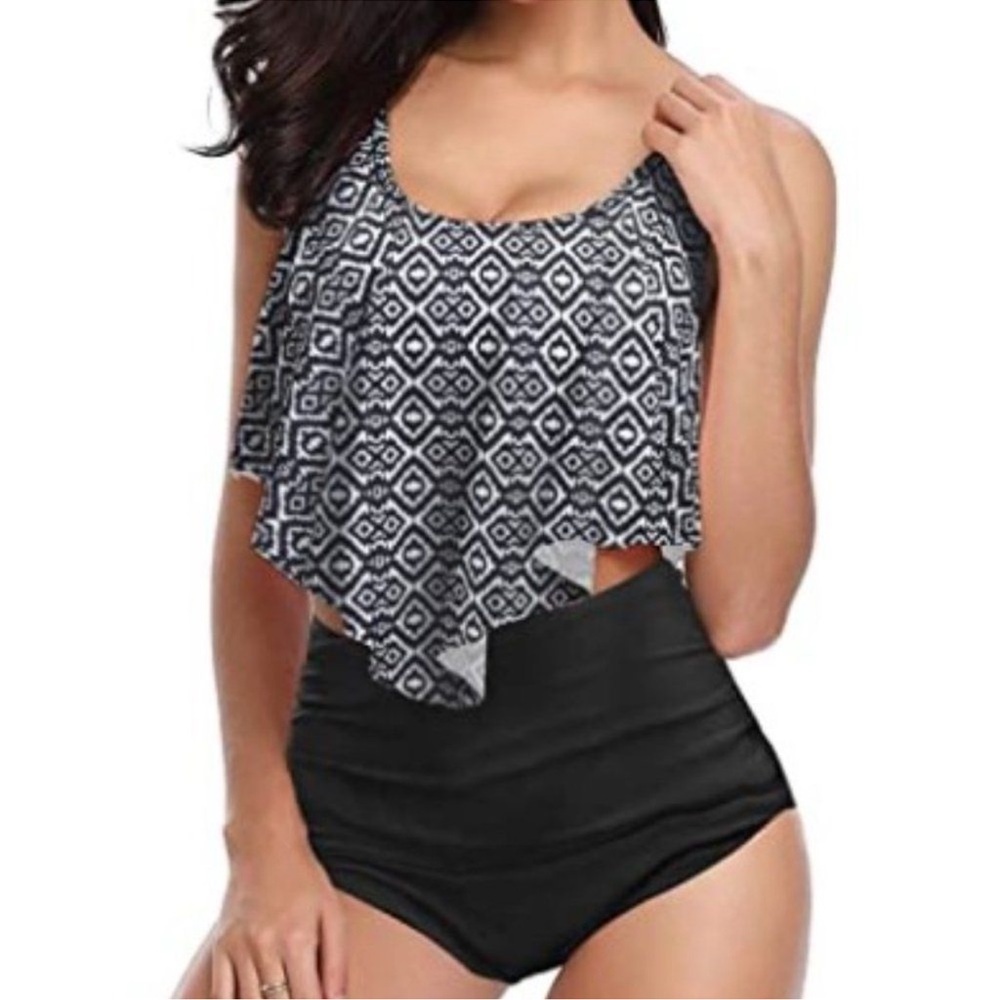 Women's Ruffle Top High Waisted Tummy Control Tankini Swimsuit-Size XXL NWOT